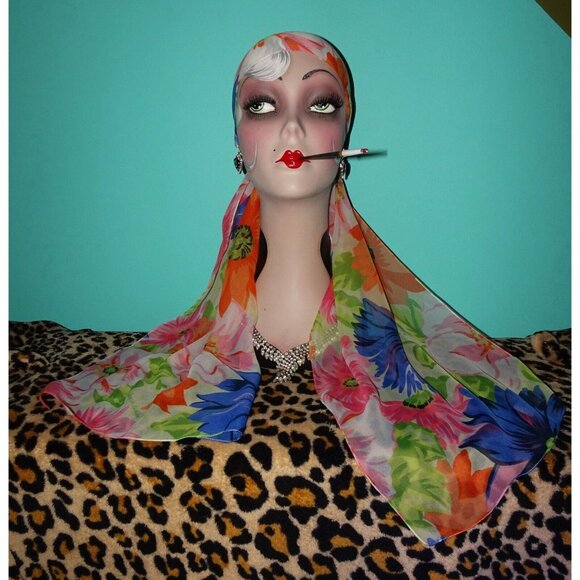 Vintage Diane Von Furstenberg Long Floral Scarf pinup retro rockabilly head wrap - Picture 6 of 9